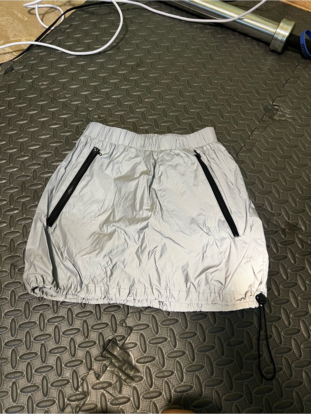 White & Gray Reflective Mini Skirt Black Zipper Detail Y2K Edgy Streetwear Festi